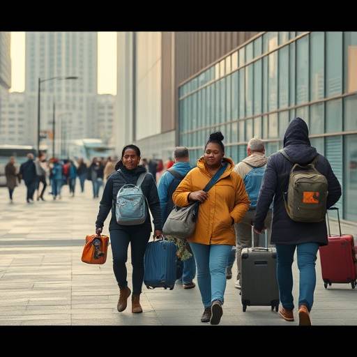 Imagen promocional del documental Historias de Emigrantes, mostrando un grupo de personas caminando con maletas en un entorno urbano.